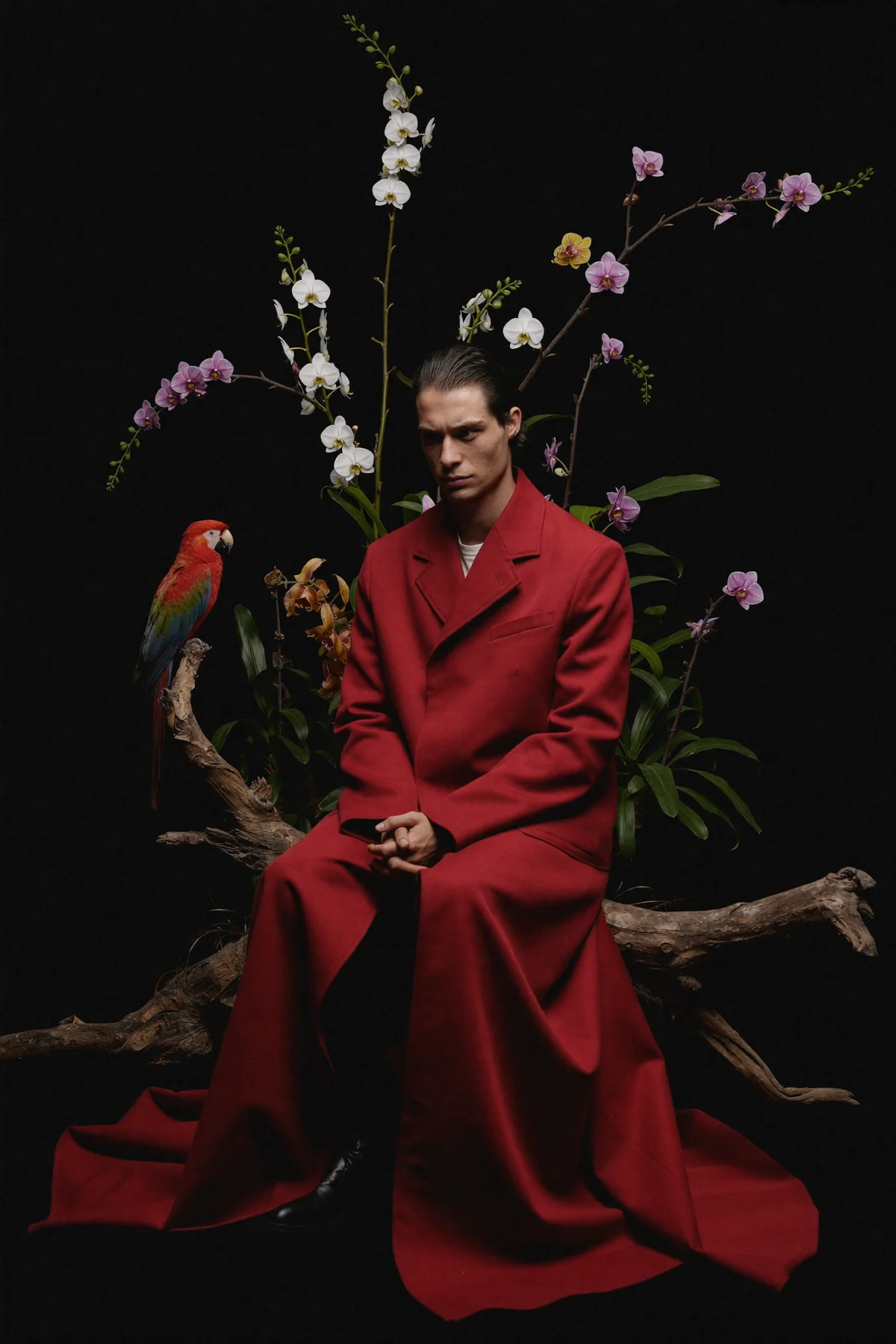 Campagna fashion con abito rosso e composizione floreale